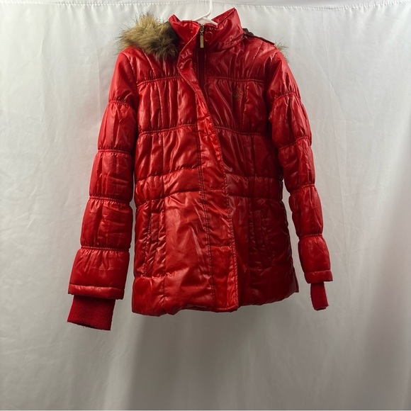 South Pole Jackets & Blazers - Y2K South Pole Size L Cropped Red Jacket Coat Fur Trim Hood And Gold Accents